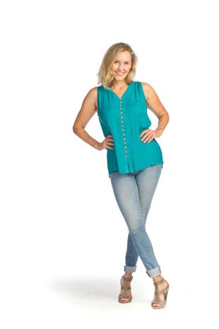 PT-12014 - SLEEVELESS LAYERED BUTTON FRONT BLOUSE - Colors: WHITE, PINK, COBALT, LIME, RED, TEAL - Available Sizes:XS-XXL - Catalog Page:14 